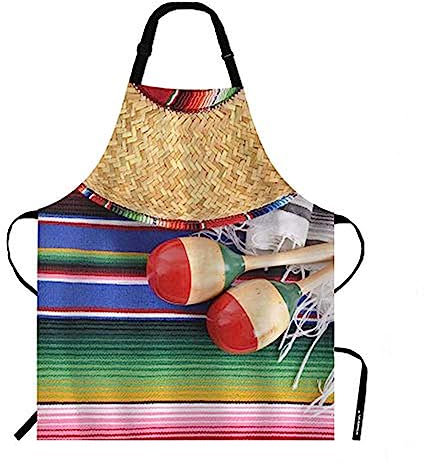 WONDERTIFY Schürze mit mexikanischem Hintergrund, Retro-Strohhhüte und Schlägel auf dem bunten Hintergrund, Latzschürze mit verstellbarem Hals, für Männer und Frauen, Koch, Grillschürze