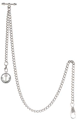 TREEWETO Men's Albert Chain Pocket Watch Curb Link Key Chain 2 Hooks with Antique Anchor Silver Pendant Design Charm Fob T Bar