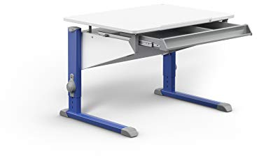 Moll Bandit Kinderschreibtisch höhenverstellbar | mitwachsend, ergonomisch & neigbar für aufrechtes Sitzen | ideal für Schulkinder | Schreibtisch weiß (mit Schublade, Blau, 90cm x 70,5cm)