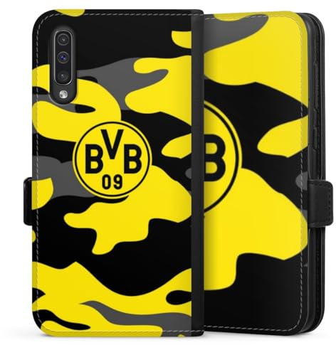 Klapphülle kompatibel mit Samsung Galaxy A50 Handyhülle aus Kunst Leder schwarz Flip Case BVB Borussia Dortmund Fanartikel