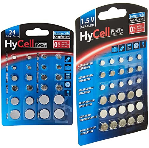 HYCELL Alkaline & Lithium Button Cells [Assorted 24] & Alkaline Button/Coin Cell Set [Assorted Multipack of 30] Includes 5 of Each LR621 / LR41 / LR66 / LR54 / LR43 / LR44 Alkaline Button Cells