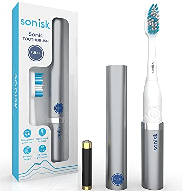 Sonisk Pulse | Battery Powered Electric Toothbrush | Portable Travel Size with Antimicrobial Sonic Technology | 1x Battery, 2X Brush Heads, 1x Travel Case Included (Metallic Silver)