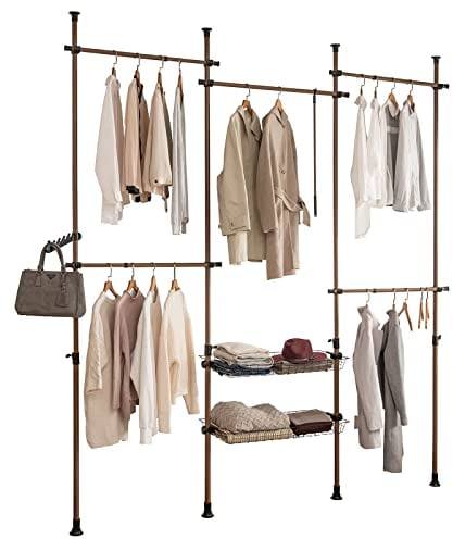 SoBuy Teleskop Kleiderständer, robuster Kleiderstange, verstellbarer offener Kleiderschrank mit Ablagen für Schlafzimmer, Garderobenständer, Braun KLS04-BR