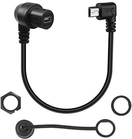 QIANRENON 90 Winkel Mini USB Eingebettet Panel Montage Kabel Mini USB 5Pin Rechter Winkel Stecker auf Buchse Wasserdicht Erweiterung Anschlusskabel,Gewinde Montiert auf Dashboard,28cm(Link abbiegen)
