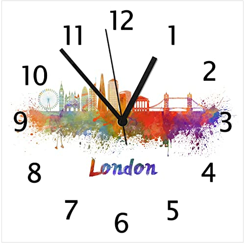 Wallario Design-Wanduhr Städte als Aquarell - Skyline von London aus Glas, Motiv-Uhr Größe 30 x 30 cm, Schwarze Zeiger