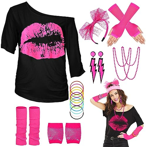 WILDPARTY 80er 90er Jahre Outfit Damen, T-Shirt, Beinwärmer, Stirnband, Ohrring, Halskette, Netzhandschuhe, 80er 90er Jahre Kostüm Mottoparty Accessoires Kleidung Neon Party Karneval JD-80SMouth