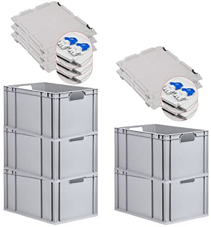 PROREGAL SuperSparSet 5x Eurobox NextGen Economy mit Scharnierdeckel & blauen Verschlüssen | Griffe offen | HxBxT 32x40x60cm | 65 Liter | Eurobehälter Transportbox Transportbehälter Stapelbehälter