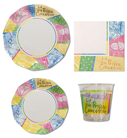 Set 50 pezzi - Kit Coordinato tavola COMUNIONE - Colorato - decoro buffet feste La mia Prima COMUNIONE - 20 piatti + 10 Bicchieri + 20 tovaglioli
