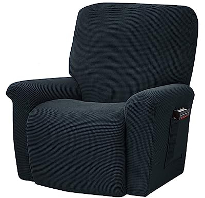 FANSU Housse de Fauteuil Relax Extensible Couleur Unie Jacquard Housse de Fauteuil Relax Inclinable avec Poche, 1 Places 4 Pièce Protege de Meubles pour Canapé (Noir)