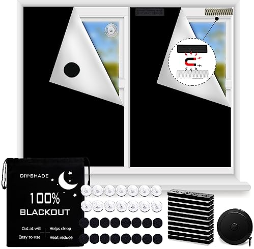 Magnetic Blackout Blind 100% Blackout Shades Window Blackout Curtains for Any Windows | 300 x145cm | Cut to Any Size/Shape | Suction Cups & Magnetic Closure Fix on (Black with 2 Fix way)
