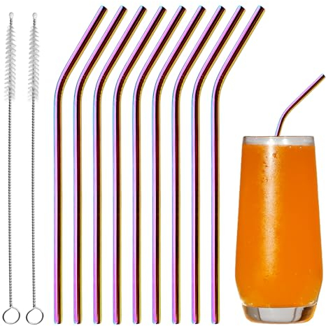 FINEASY Set of 10 Metal Straws Drinking with 2 Cleaning Brushes, Eco-Friendly Reusable Straws Coloured Stainless Steel Straws for Smoothie, Cocktail, Hot Drinks (Bent)