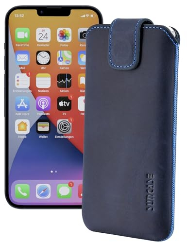 Suncase ECHT Ledertasche Leder Etui *Slim-Edition* kompatibel mit iPhone 15 Pro (6,1 Zoll) Hülle (mit Rückzugsfunktion und Magnetverschluss) in Pebble-Blue