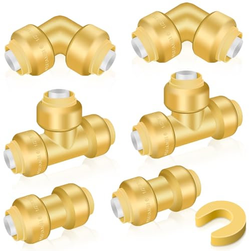 Sanitär-Armaturen 1,27 cm, 6 Stück Push-to-Connect-Armaturen, kein Blei, Messing, 1,27 cm (1/2 Zoll), Kupplungsarmatur (2 Stück), Winkelverschraubung (2 Stück), Schnellverschraubungen mit Trennclip