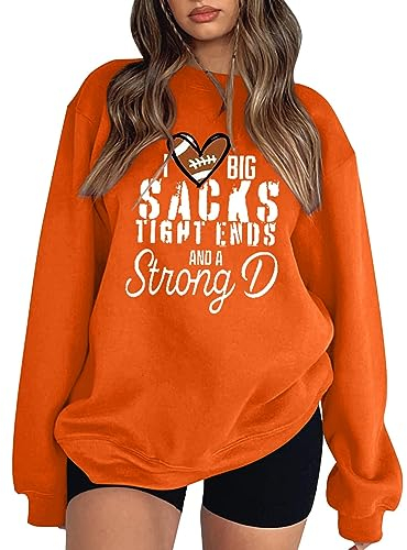 Game Day Ästhetische Sweatshirts für Teenager Damen I Love Big Sacks Tight Ends and A Strong D Funny Football T-Shirt Streetwear Herbst Crewneck Trendy Crewneck Sweatshirts Basic, Orange, 46