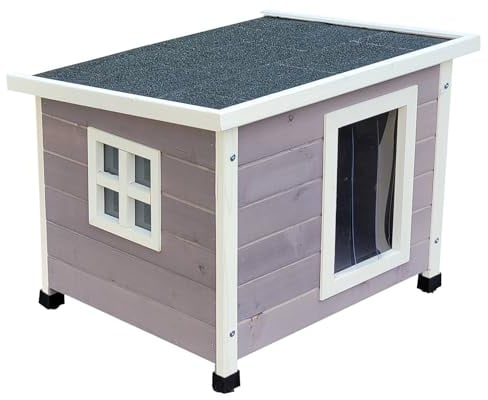 Outdoor Katzenhaus Katzenhöle Katzenhütte mit Schwingtür aus Lamellen 68,5 x 54 x 51,5 cm grau-Weiss