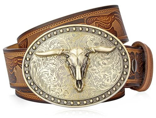 BISON DENIM Herren-Western-Cowboy-Gürtel – Langhorn-Kuh-Muster, Schnalle mit bedruckter gravierter Schnalle, verstellbarer Riemen, Nk1814g+ds050-1zm-brown, 41-43