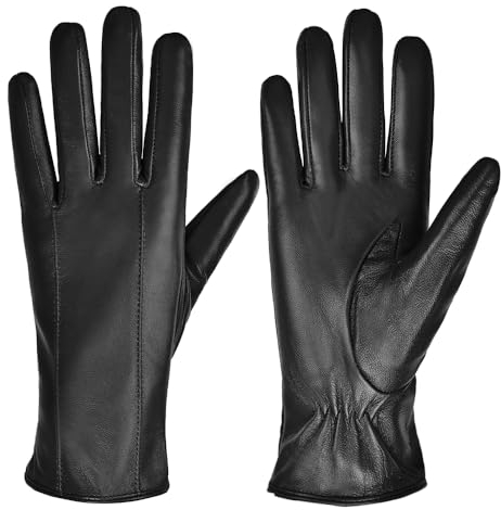 MGGMOKAY Damen Lederhandschuhe Touchscreen Handschuhe Warm Echtes Leder mit Kaschmir Gefüttert,Schwarz,XS