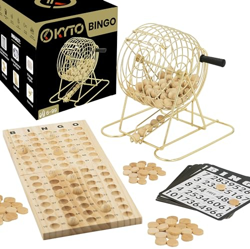 Großes Bingo Spiel Gold Metalltrommel 150 Chips, 75 Bingo Kugeln und Spielbrett aus Holz, 18 stabile Bingokarten + 500 Bingokarten Papier Erwachsene Kinder