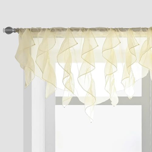 PearAge Geraffte Voile-Vorhänge, halbtransparent, für Küche, Wohnzimmer, Shabby-Chic-Rüschenvorhänge, Mädchen, Töchter, Schlafzimmer, Kaskade, Fenstervolant, 132 x 66 cm (beige-Dreieck)