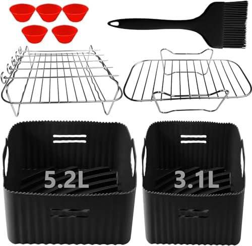 WyldSenc 8-teiliges Heißluftfritteusen Zubehör für Tefal EY9018 Dual Easy Fry 5,2/3,1 L, Cecotec 5,5/3,5 L - Doppelkammer Airfryer Accessories Set mit Silikonform und Backpapier 5,2+3,1 L