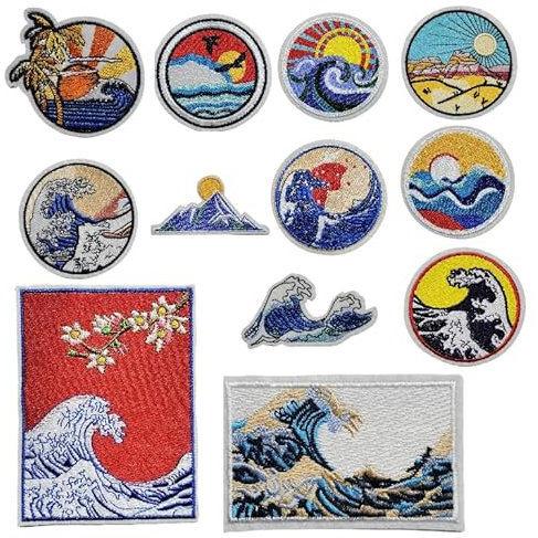testlili 12 PCS Patch Embroidered Wave Sunset Iron On Applique Patch Decorative Embroidered Patche for Jeans, Clothing