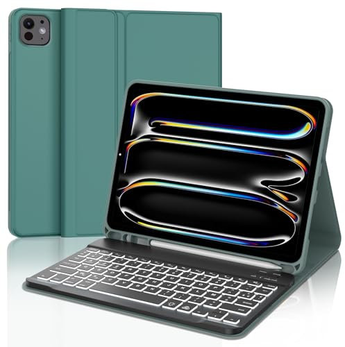 JADEMALL Coque Clavier pour iPad Pro 11 Pouces 2024 (M4), AZERTY Français Clavier Rétro-éclairé Bluetooth Magnétique Détachable avec Fente pour Stylo pour iPad Air 11 A2836/ A2837/ A3006, Vert foncé