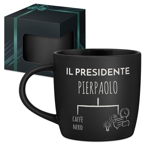 Maverton Tazza da caffè macchiato o tè in ceramica - 400 ml - Incisione personalizzata - Tazze con manico per bevande per Lui - Bicchiere da colazione per compleanno uomo - Interno nero - presidente