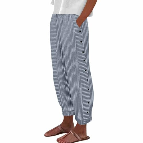 Haremshose Damen,Leichte Sommerhose Damen,Leinenhosen Damen Sommer 2024 Gestreift Lässig Elastisch Hohe Taille Gerades Bein Locker Boho Trendy Hose mit Taschen,blau,XL
