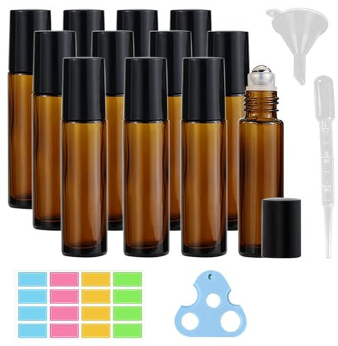 ATB-Foger 12 Stück 10ml Roll on Glasflaschen für Ätherisches Öl Braun Rollon Flaschen Roll on Flasche Leer Ätherische Öle für Ätherische Öle,Lotionen,Parfüm,Massage