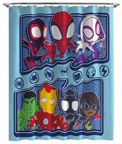 Jay Franco Rideau de douche en tissu Marvel Spidey & His Amazing Friends – Décoration de salle de bain pour enfants avec araignée fantôme, rotation, Iron Man et panthère noire