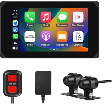 VSYSTO Motorrad Dashcam 5,0 Zoll Wasserdichter Touchscreen Car Play Android Auto GPS Navigation Mit Zwei Vorderen Hinteren 1080P Starlight Night Vision Kameras Und TPMS(CS5)