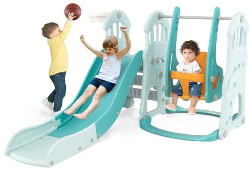COSTWAY 4 in 1 Scivolo e Altalena per Bambini, Parco Giochi con Scivolo Altalena Canestro da Basket e Arrampicata, Set di Gioco con Pallone da Basket e Pompa, 18 Mesi +, 185x150x102 cm (Blu oceano)