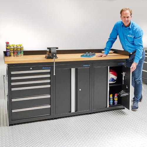 Datona Werkbank 200 cm mit Eichenholz-Arbeitsplatte, 6 abschließbaren Schubladen, 2 Türenschränken und 60 kg Tragkraft je Schublade