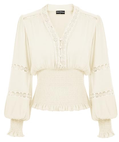 SCARLET DARKNESS Women Summer Victorian Smocked Tops Long Sleeve Lace Retro Renaissance Peasant Tops Plus Size Cream XXL