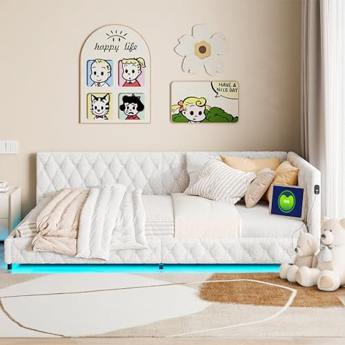 KeepGoon Polsterbett Schlafsofa 140 * 200cm, EIN Kreis unter dem Bett mit LED und USB-Aufladung, Doppelbett, Tagesbett,Multifunktionsbett mit Lattenrost, Teddy-Samtstoff, Ohne Matratze (Beige)