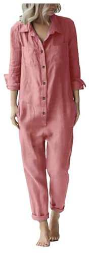 Tuta da lavoro da donna estiva, tuta da donna a maniche lunghe un pezzo largo senza vita con risvolto abbottonato, tuta casual sciolta, tinta unita, comoda e leggera, taglia grande