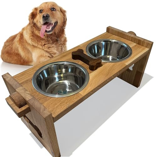 Erhöhter Hundenapf erhöht Grosse Hunde kleine Hunde Edelstahl Holz Eiche doppelt 2er Set (XL)
