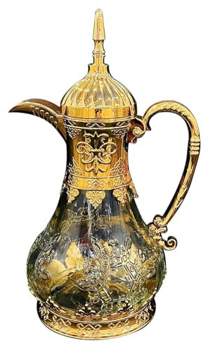 F Fityle Arabic Coffee Pot Arabic Tea Pot Home Practical 1.6L Tea Kettle Glass Teapot for Eid Mubarak Gatherings Party Travel Kitchen, Gold
