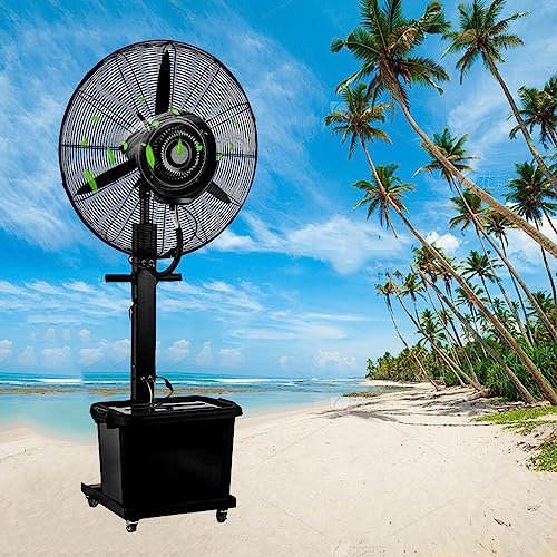 Ventilatore nebulizzatore da terra per esterni e interni, ventilatori di raffreddamento industriali da 26 pollici, ventilatori a piedistallo con 3 velocità, oscillazione a 90°, serbatoio del