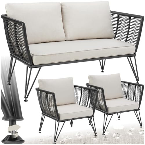 tectake® Garden Furniture Set in Rope Design, Incl. 2 Seater Sofa & 2 Garden Chairs with Weather-Resistant Polyrattan, Steel Frames & Thick, Water-Repellent Cushions, Ideal for Patio, Garden & Balcony