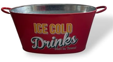 Retro Large Ice Cold Drinks Metal Bucket, Oval Party Beverage Tub with Handles, Available in Yellow, Red, Green, Natural Colors. (RED)