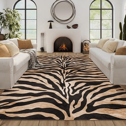 Großer Teppich mit Zebramuster, 22,9 x 30,5 cm, brauner Teppich, Zebra-Teppich für Wohnzimmer, Tierteppich, Tiger-Druck, rustikal, Schwarz und Gold