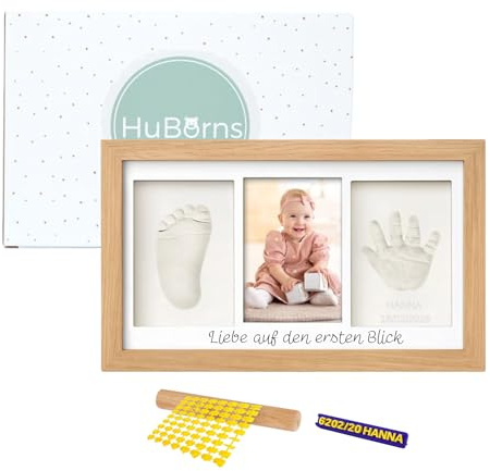 HuBorns - Bilderrahmen Fußabdruck Baby mit Anti-Riss-Ton | Gipsabdruck Baby Hand und Fuß, Einzigartiges Souvenir, Baby Geschenk, Abdruckset