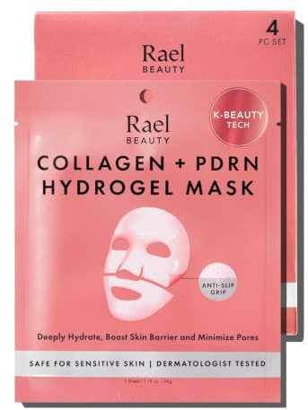 Rael Kollagen + PDRN-Gesichtsmaske - Aufpolsternd und Glättend (4 Stück) | Korean Skincare, Hydrolysiertes Collagen, Peptide, Maske mit konzentriertem Serum, Frei von Duftstoffen, Tierversuchsfrei