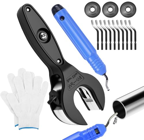 Rohrschneider Set 8-29mm, Ratsche, 3 Klingen, Entgrater, Handschuhe | Rohrabschneider Edelstahl, Klempner Werkzeug Set, Ergonomisch, Präzise, für Kupfer, Stahl, Alu, PVC, inkl. 10 Klingen