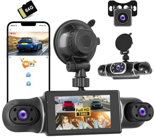 Realdio Dashcam Coche 4 Canales 1080P 360° WiFi G-Sensor Incluye 64GB | Visión Nocturna IR con LED, Grabación en Bucle con Bloqueo, Pantalla IPS 3, Gran Angular, para Coche SUV Furgoneta Camión