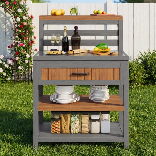 Gartenschrank mit Edelstahl-Arbeitsplatte & Schublade – Massivholz Tanne, kippsicheres Design, doppelte Ablage, Outdoor Schrank wetterfest für Terrasse, Grillstation, Natur, 80 x 72,5 x 123 cm