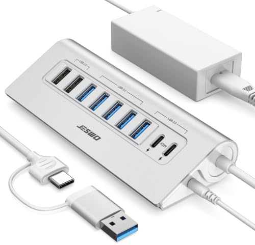 JESWO 65W Powered USB 3.2 Hub 9 Ports Powered USB C Hub with 10Gbps USB-C/A | 1 USB A 3.2+2 USB C 3.2 Data/PD 45W Charge, 4 USB 3.0+2 USB 2.0 Port, 65W Power Adapter, Aluminum USB Hub for Laptop PC Mac