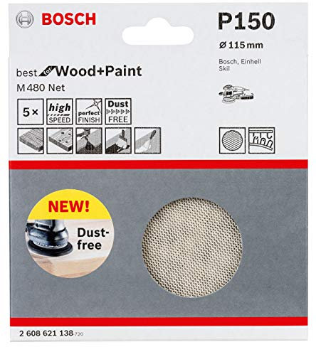 Bosch Professional 5 Stück Schleifblatt M480 Best for Wood and Paint (Holz und Farbe, Ø 115 mm, Körnung P150