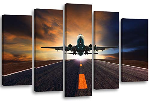 Feeby Bilder XXL 5-Teilig Flugzeug Typ A 150x100 cm Wohnzimmer Schlafzimmer Büro Küche Wandbilder Leinwandbilder Modern Bild auf Leinwand Wanddekoration Kunstdruck Transport Himmel Straße